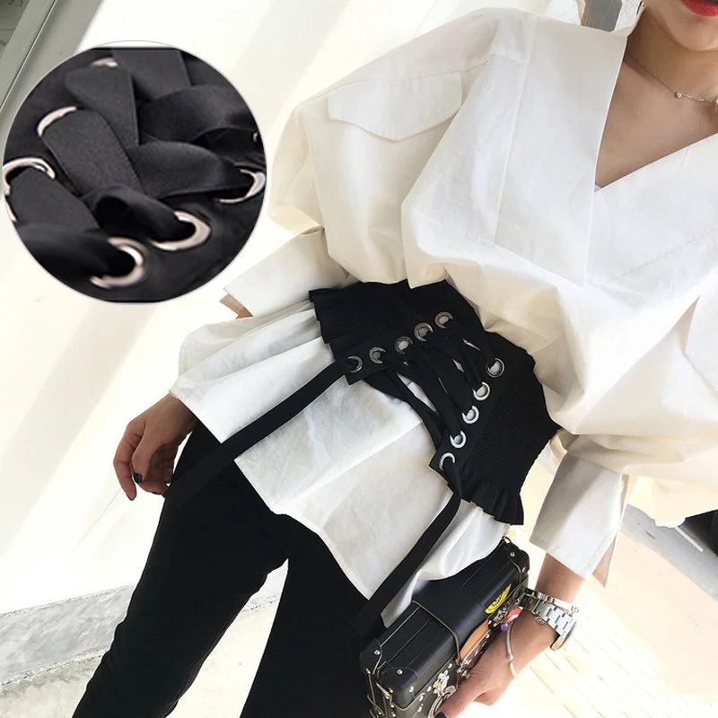

New Black White Wide Corset Lace Belt Female the sam browne belt Waistband Belts Women Elastic canvas Wedding Dress Waist Band
