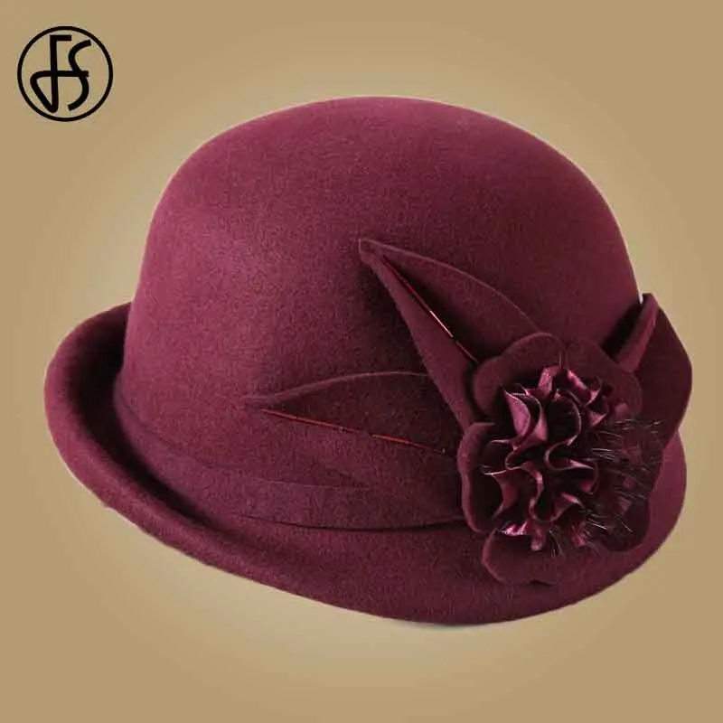 FS черная фетровая шляпа с широкими полями для женщин, элегантный осенний зимний церковный колокол, цветочные женские шляпы, шляпы-котелки - Цвет: Wine Red Wool Fedora