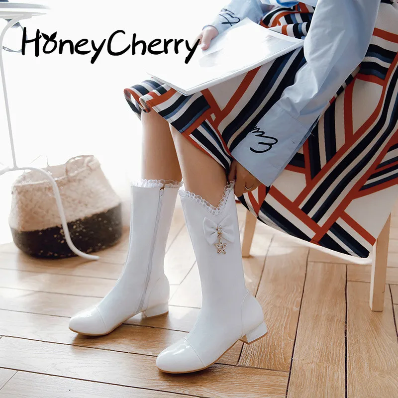 

Lace Boots 2018 New Autumn Winter Princess Medium Tube Boots Martin Boots Low,large Size Women's Shoes