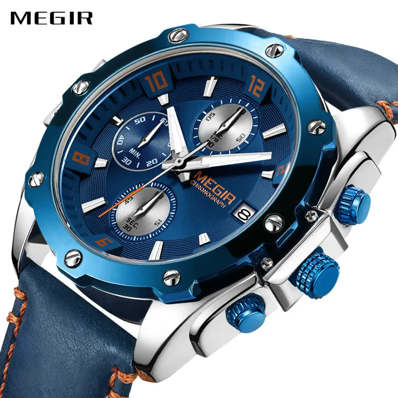 2018 модные MEGIR кварцевые часы синий Дизайн кожаный ремешок работает 3 небольших суб-набор хронограф циферблат Для мужчин спортивные