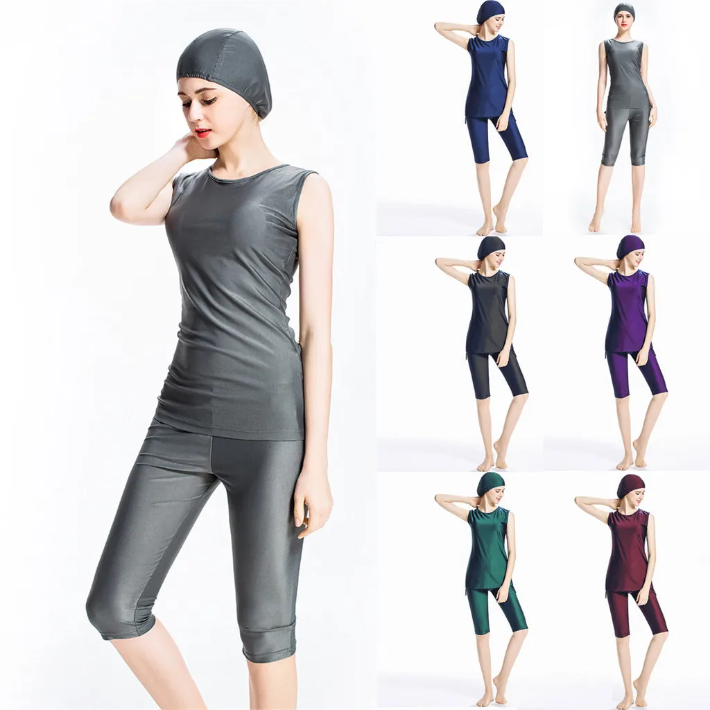 

Women's Swimming Suit Sexy Bikini Swimsuit Women Muslim Bathing Suit With Cap Solid Color Swimsuit Beachwear Women Swimwear
