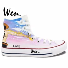 Wen Anime Customized Design Hand Painted Canvas Skate Shoes One Piece Portgas .D .Ace High Top Unisex Sneakers Non Slip Shoes