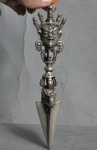 

decoration brass factory outlets Tibet Silver 6"Old Tibet Buddhism Silver Mahakala Buddha Statue Phurpa Vajra Dorje Daggers