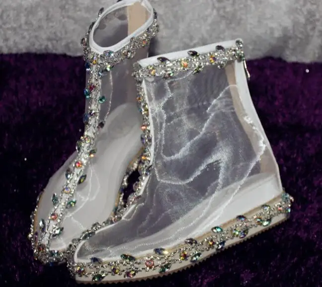 

Newest Handmade Transparent Mesh Pointed Toe Ankle Boots 2017 Summer Luxury Crystal Flower Embellished Wedge Boots Short Boots
