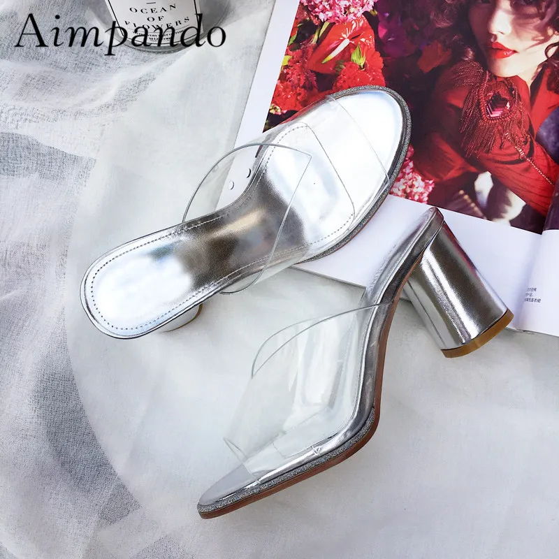 

Clear PVC Transparent Slippers For Lady Round Heel V-cut Outs Silver Open Toe Slingback High Heel Slim Mules Women
