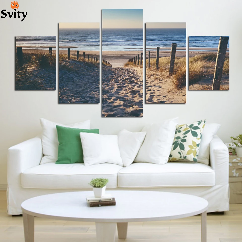 

Wholesale 5 Panel Abstract Beach Paintings Cuadros Wall Art Canvas Beach Paintings Wall Pictures For Living Room Unframed F1676
