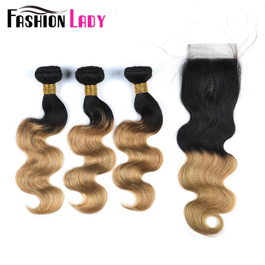 FASHION LADY Pre-Colored Ombre Brazilian Body Wave T1B/27 3 Piece Human Hair Bundles With Closure 4x4 Middle Part Non-Remy brazilian-body-wave-closure