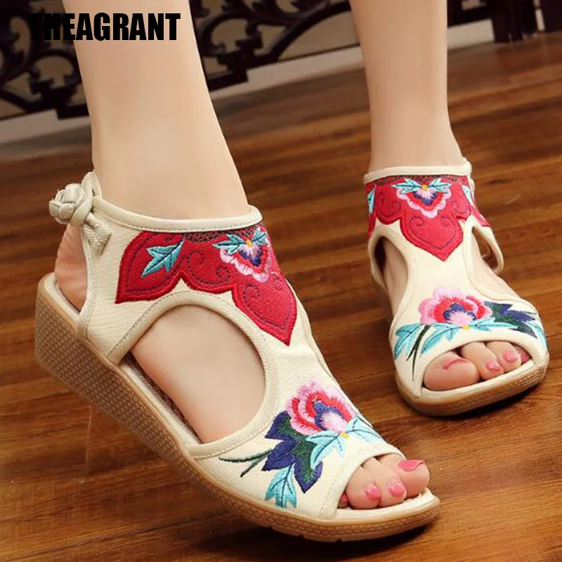 

THEAGRANT 2019 Women Sandals Button Cut Out Peep Toe Embroider National Style Hemp Wedges Summer Ankle Wrap Shoes Woman WSS3049