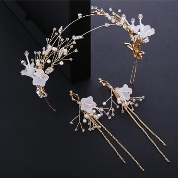 

white flower hairbands wedding headdress gold double tiara earrings sets brides jewelry
