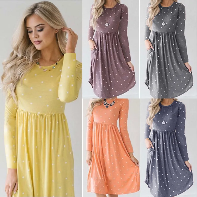 

Oufisun 2019 Spring Summer New Cotton Long Dress Casual O-neck Full Sleeve Empire Slim Dress Women Solid Dot Print Party Dresses