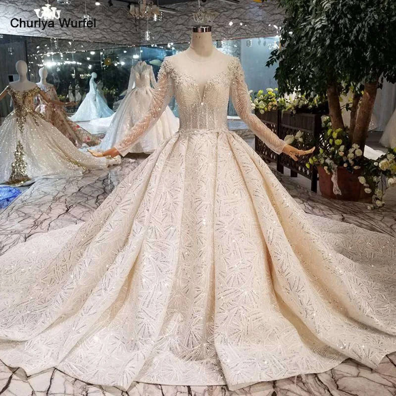 

LS11294 2019 new design wedding dresses with royal train o-neck long sleeve shiny bride dress wedding gown fashion robe mariage