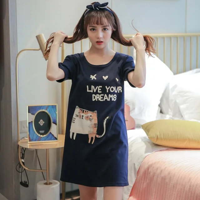 Cotton Cute Cat Women Sleepwear 5XL Nightgowns Home Wear Girls Sleep
