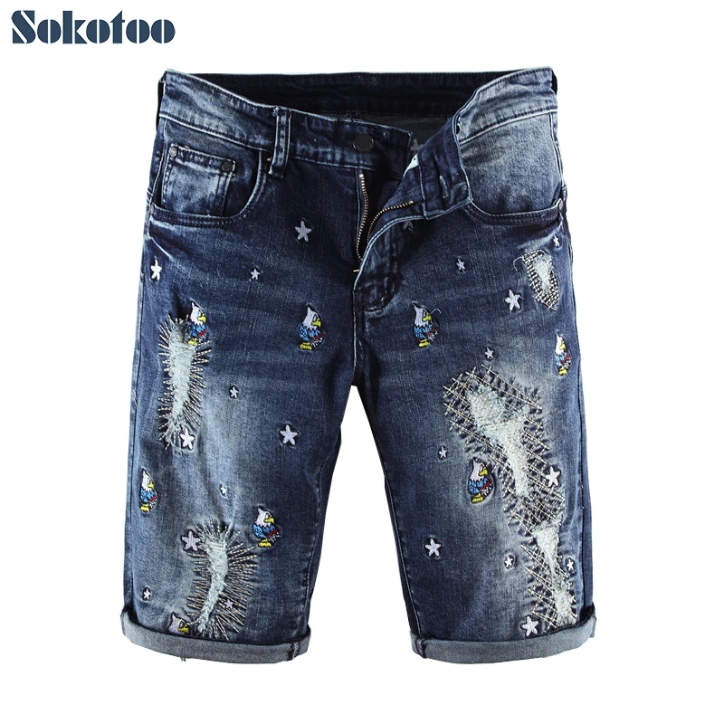 Sokotoo для мужчин звезды птицы вышивка лоскутное стрейч джинсовые шорты летние до колена тонкие прямые джинсы капри