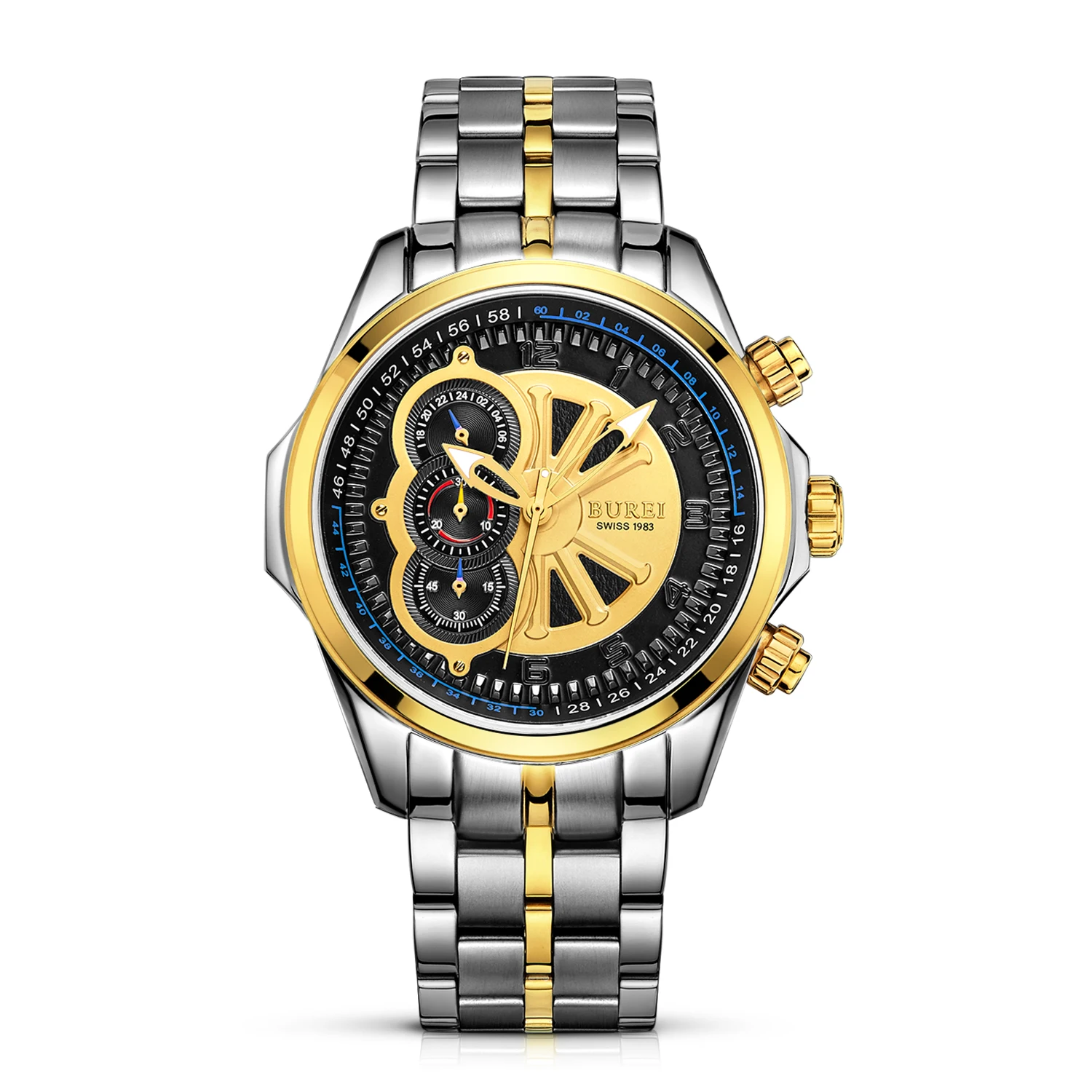 

BUREI 17002 Switzerland watches men luxury Racing speed master series Chronograph Stainless Steel Quartz Watch with Gold Dial