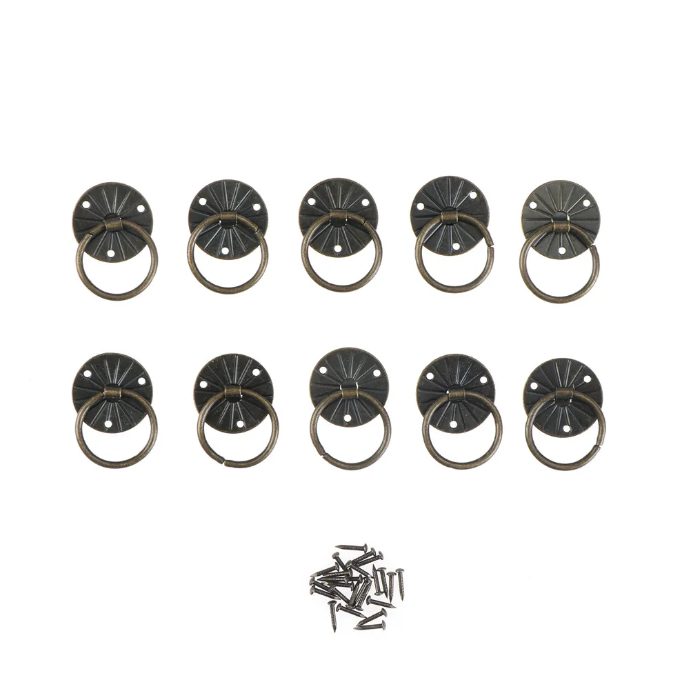 

10pcs Antique Brass Decorative Mini Jewelry Chest Box Furniture Handle Cabinet Dresser Drawer Pull Knob Ring w/Screw Door Handle