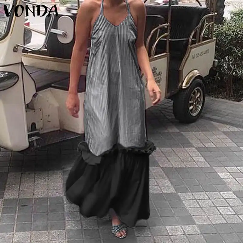 VONDA المرأة البوهيمي ماكسي لونغ اللباس الصيف مثير السيدات الصلبة الشاطئ مساء حزب فستان الشمس أكمام حبال الخامس الرقبة فساتين 5XL VONDA المرأة البوهيمي ماكسي لونغ اللباس الصيف مثير السيدات الصلبة الشاطئ مساء حزب فستان الشمس أكمام حبال الخامس الرقبة فساتين 5XL