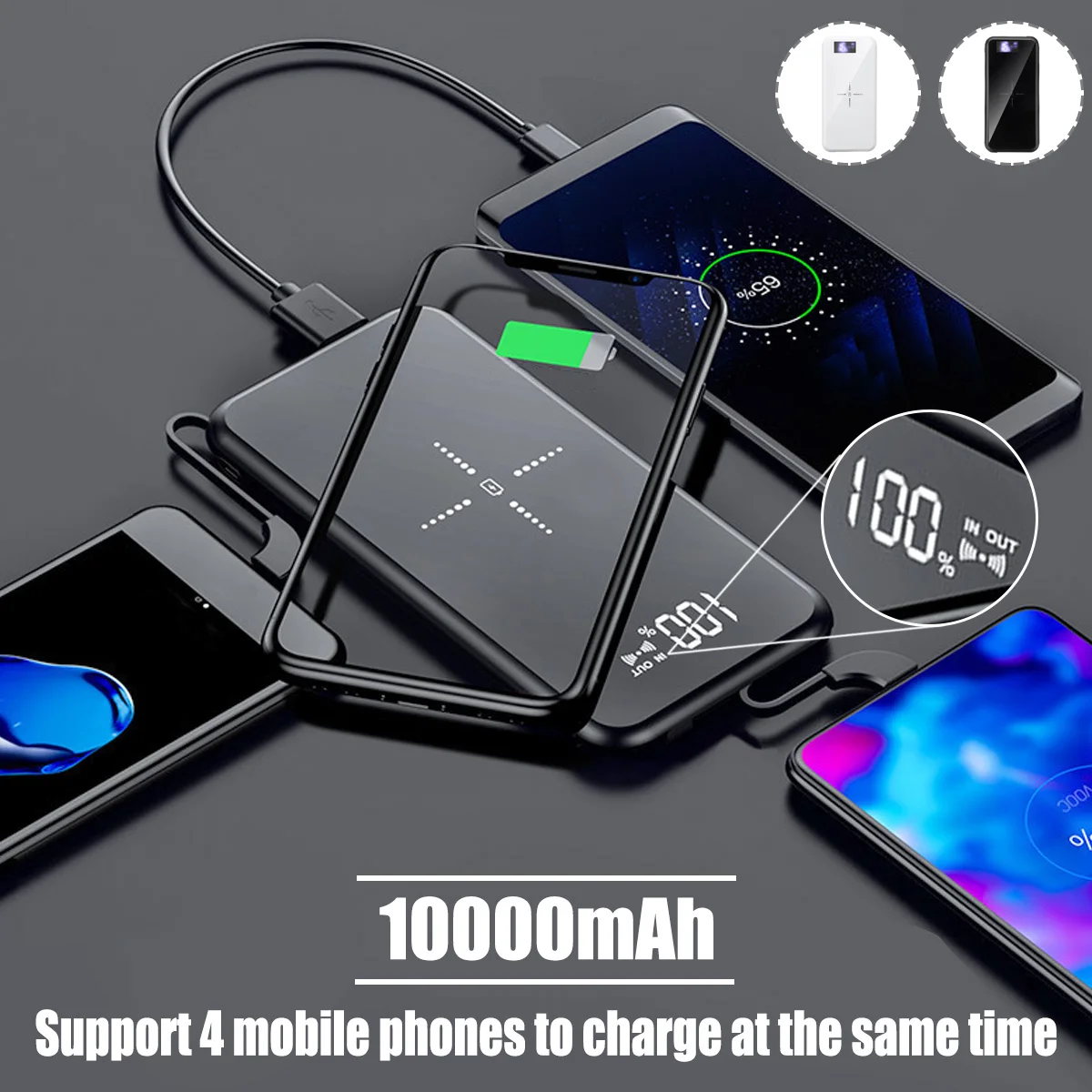 

thin full mirror Mini 10000mAh Wireless Charger Quick Charing 3.0 For Iphone X,8,8 Plus for Xiaomi,Huaiwei 4 in 1 Interface