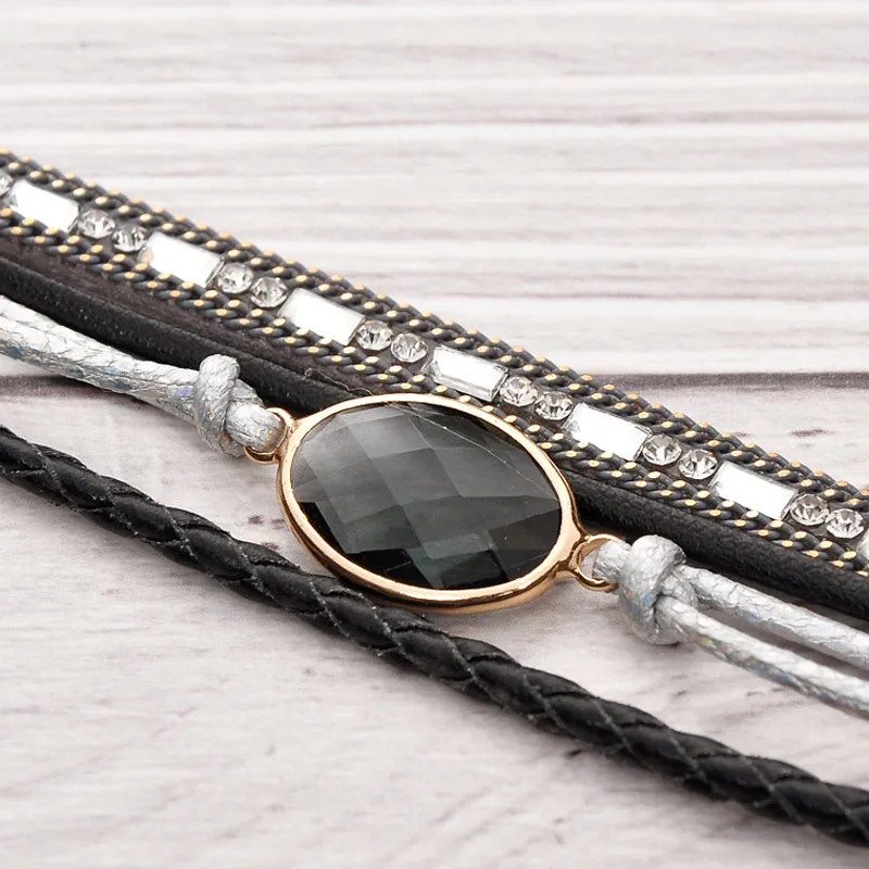 Olowu Многослойные браслеты для Для женщин веревку природных красивый браслет с камнями кристалл кожаный браслет со стразами металлической пряжкой ювелирные изделия