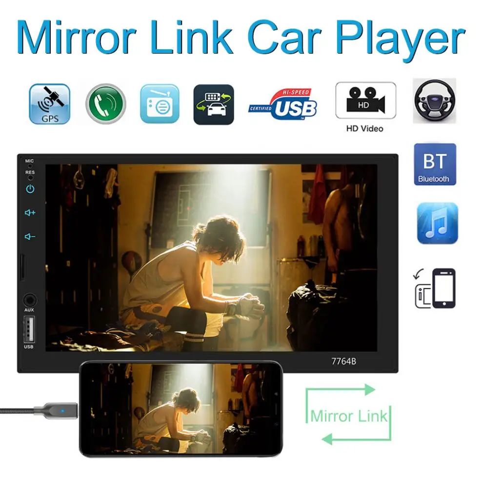

7 Inch 2 DIN Bluetooth In Dash Touch Screen Car Stereo Video Player FM Radio Support Mirror Link/Aux In/Steering Wheel Control