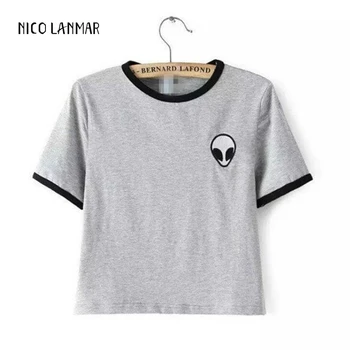 

Crew Neck Alien Print Women Srtipe T Shirts Short Sleeve Crop Tops Casual Outfit Fashionable Gray Tops for Summer 2019