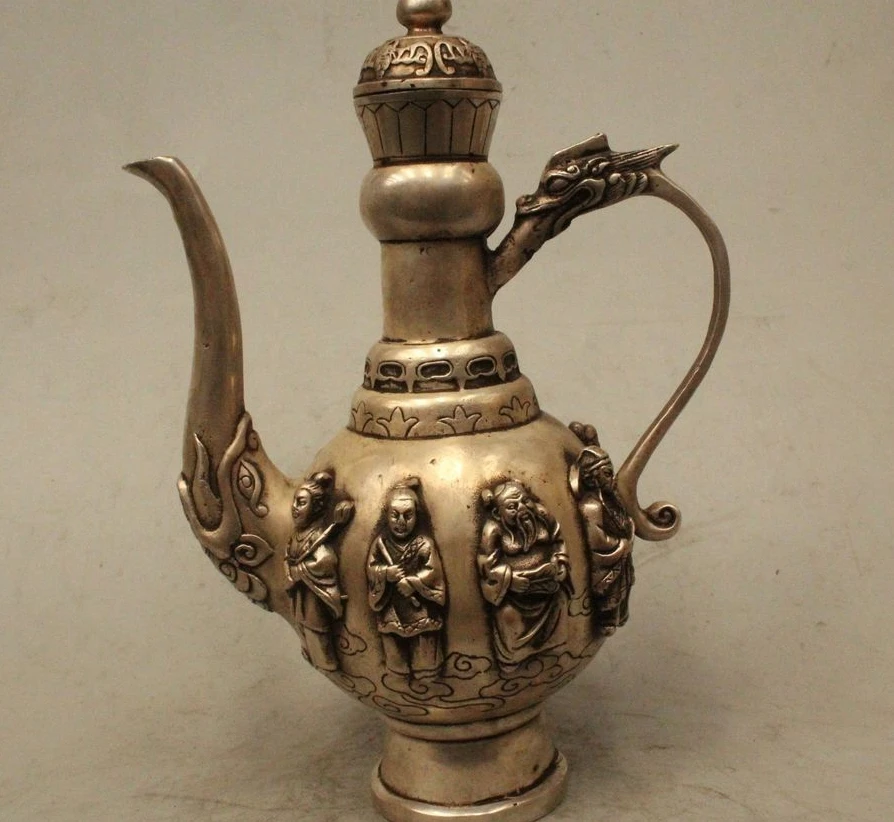 

9" China Dyansty Palace Silver Eight Immortals Dragon Handle Wine Tea Pot Flagon