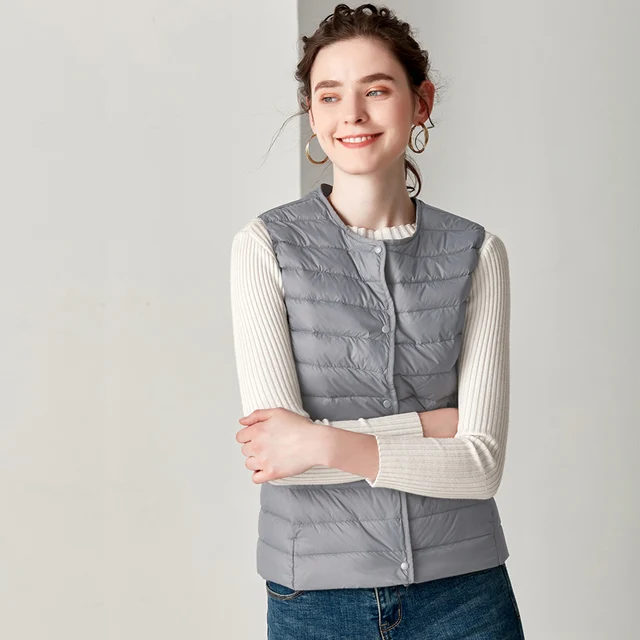 US $12.99 New Causal Women White Duck Down Vest Ultra Light Vest Jacket Winter Weightless Round Collar Sleeve
