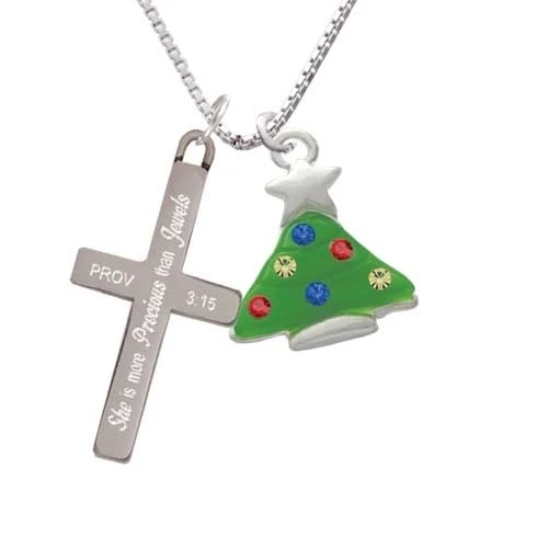 Green Resin Christmas Tree with Crystals - She is More Precious - Cross Necklace (1)