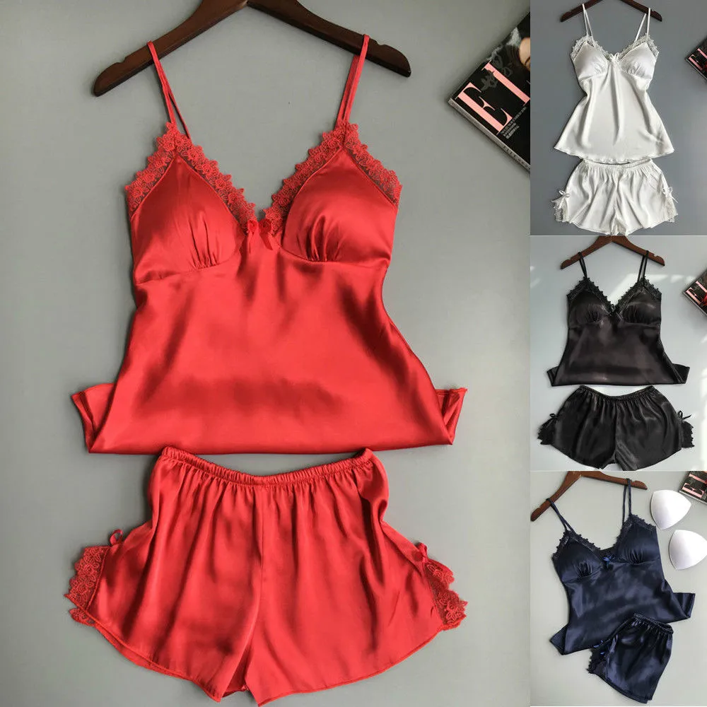 2pcs Set Women Lingerie Satin Lace Robe Shorts Sleepwear