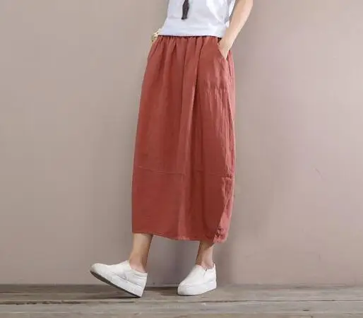 Mid Mujer Ealstic Nuevo Y Tamaño calf Plus Cintura Moda Primavera Imperio Negro Casual Algodón Lino Rojo De Sgy0802 Para Otoño Faldas coral 4qIadnf7w4