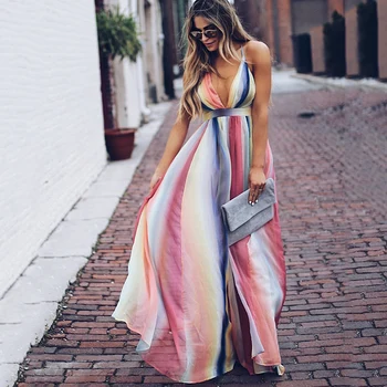 

Halter Long Chiffon Dress Bohemian Rainbow Printed Women Maxi Dress Nice Fashion Sexy V Neck Club Party Dresses Vestidos Mujer