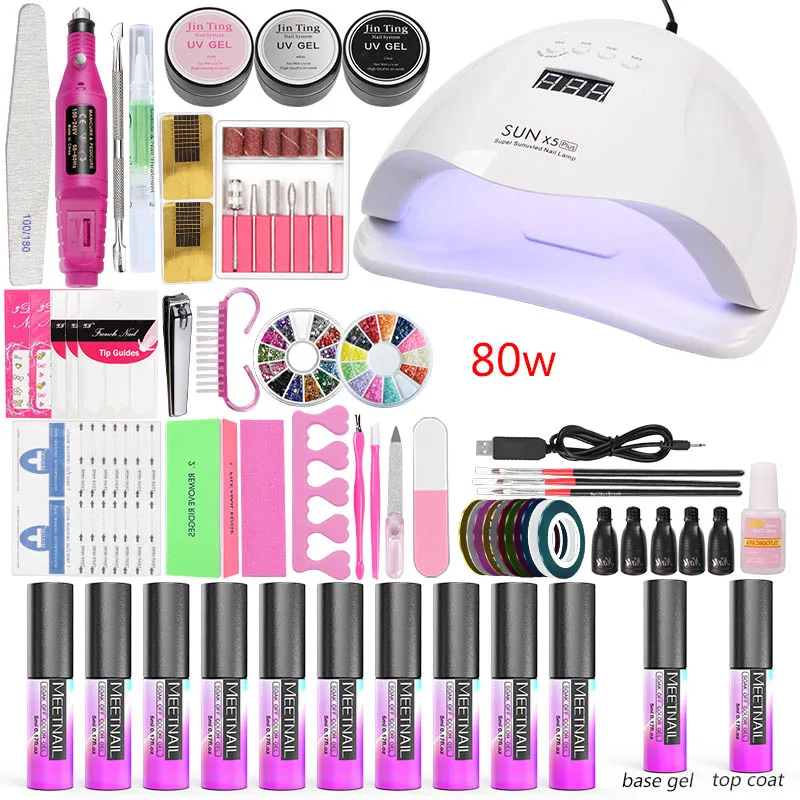 Gel Polish Manicure Set Nail Kit Uv Pedicure Acrylic 36w/48w/80w LED Lamp 10 Color Varnish Art Tool | Красота и здоровье