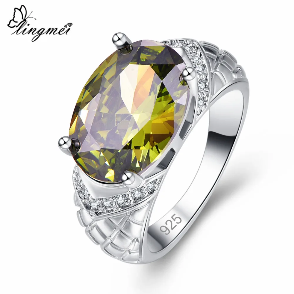 

Lingmei Original Dazzling Female Jewelry Wholesale Oval Cut Yellow & Olive Green Zircon Silver Ring Size 6 7 8 9 Women Jewelry