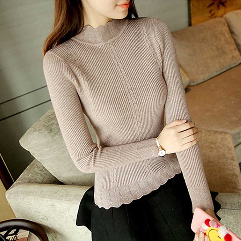 

Turtleneck Wave Petal Cut Knitted Ladies Sweaters Ribbed Long Sleeve Slim Fit Female Pullover 2019 Fall Winter Warm Women Jumper