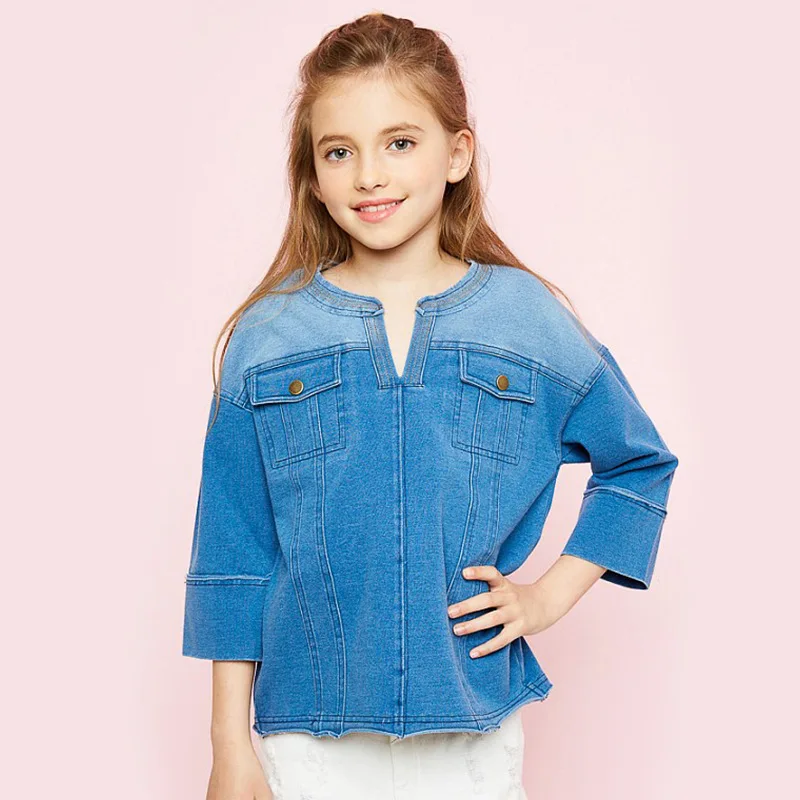 Spring Fashion Girls Denim Jackets Children Solid Coats Three Quarter