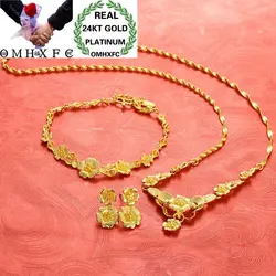 OMHXFC Оптовая Продажа Европейский модный женский свадебный подарок винтажный цветок 24KT золотое ожерелье + браслет + серьги-гвоздики комплект