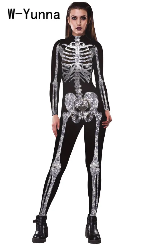 W-Yunna,, костюмы для женщин на Хэллоуин, с принтом скелета, с длинными рукавами, с воротником, на шее, Комбинезоны для женщин, страшная дьявольская ведьма для женщин