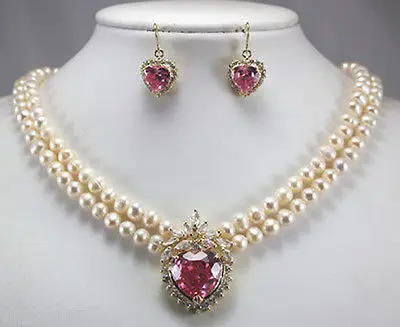 

FREE SHIPPINGNew 2 row white pearl necklace + heart pink zircon pendant earring set (A0423)