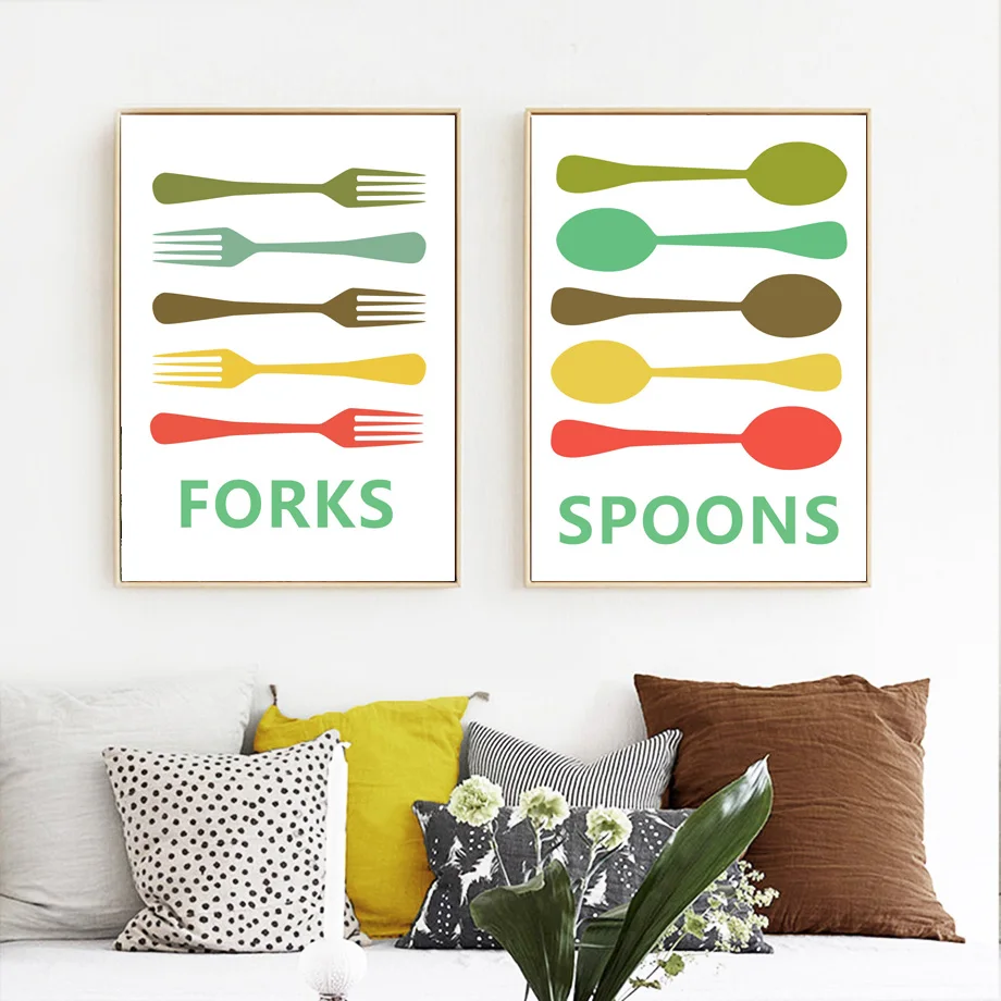 Cartoon Knives Forks Spoons Nordic Posters And Prints Wall Art Canvas Painting Wall Pictures For Living Room Kitchen Wall Decor