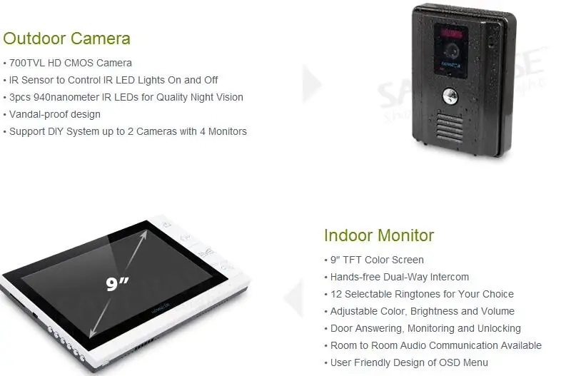 Excellent HOMSECUR Wired Video Door Phone Intercom System with 9" TFT LCD Monitor+1/4 CMOS Camera 1