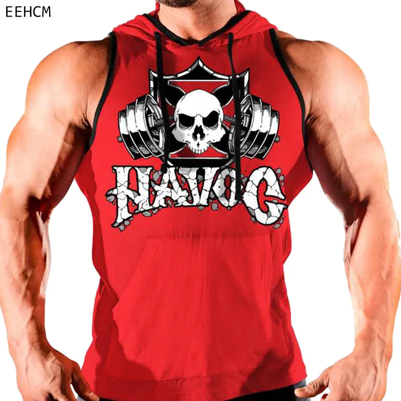 Новая брендовая одежда для бодибилдинга, Мужская майка, майка для тренажерного зала, Стрингер, майка с капюшоном, мужская спортивная майка без рукавов, майка с черепом, жилеты