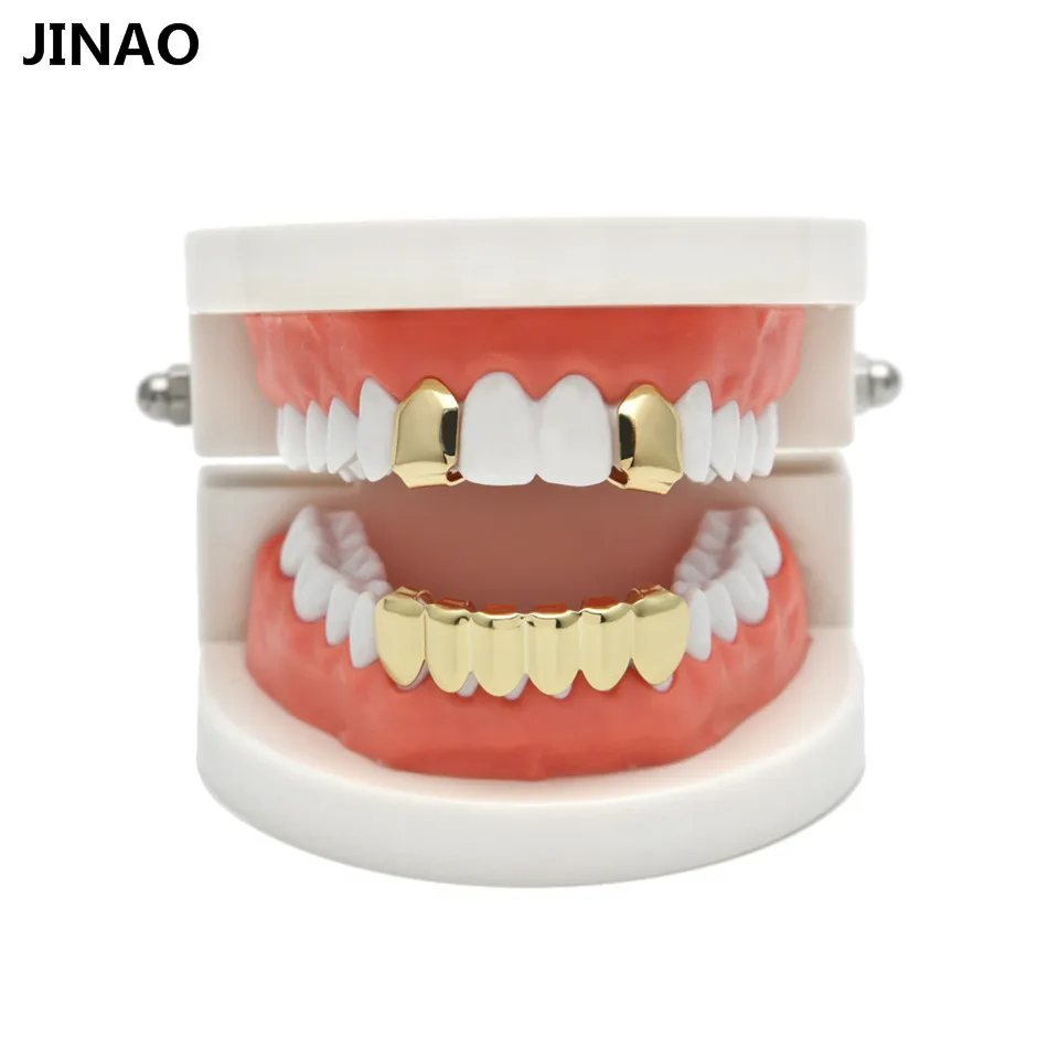 

JINAO Hip Hop Gold Color Plated Custom Mouth Grills Set 2pcs Single Top & 6 teeth Bottom set gold grills Sets