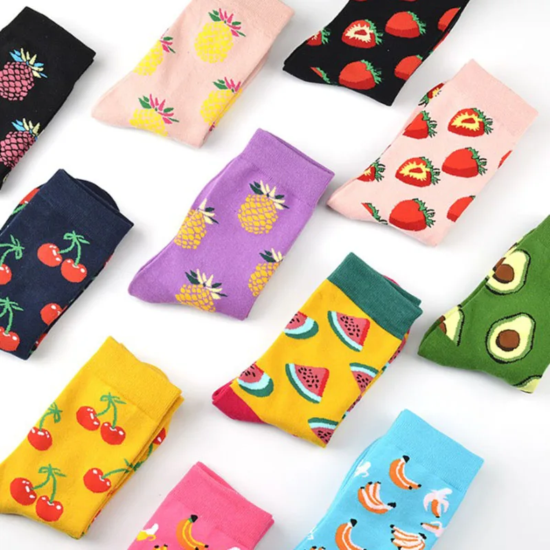 Женские носки, японские хлопковые цветные милые забавные Носки с рисунком, счастье кавай, вишня, клубника, авокадо, носки для девочек, рождественский подарок
