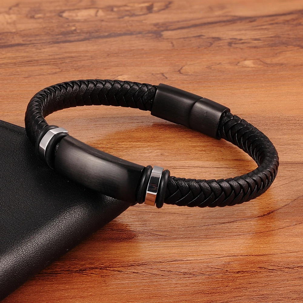 XQNI Stainless Steel Genuine Leather Men Bracelets 3 Colors For Men Birthday bracelet jewelry