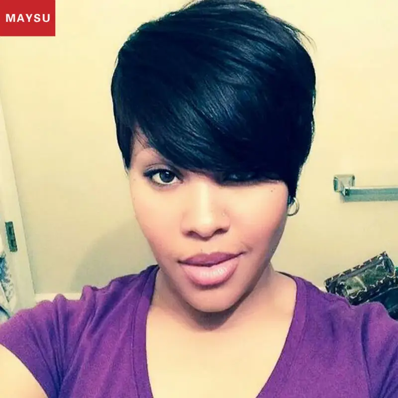 

MAYSU Side Parting Short Human Hair Wigs For Black Women Blend Human Hair Wigs Basic Cap 15 Colors Mono Top Free Shipping