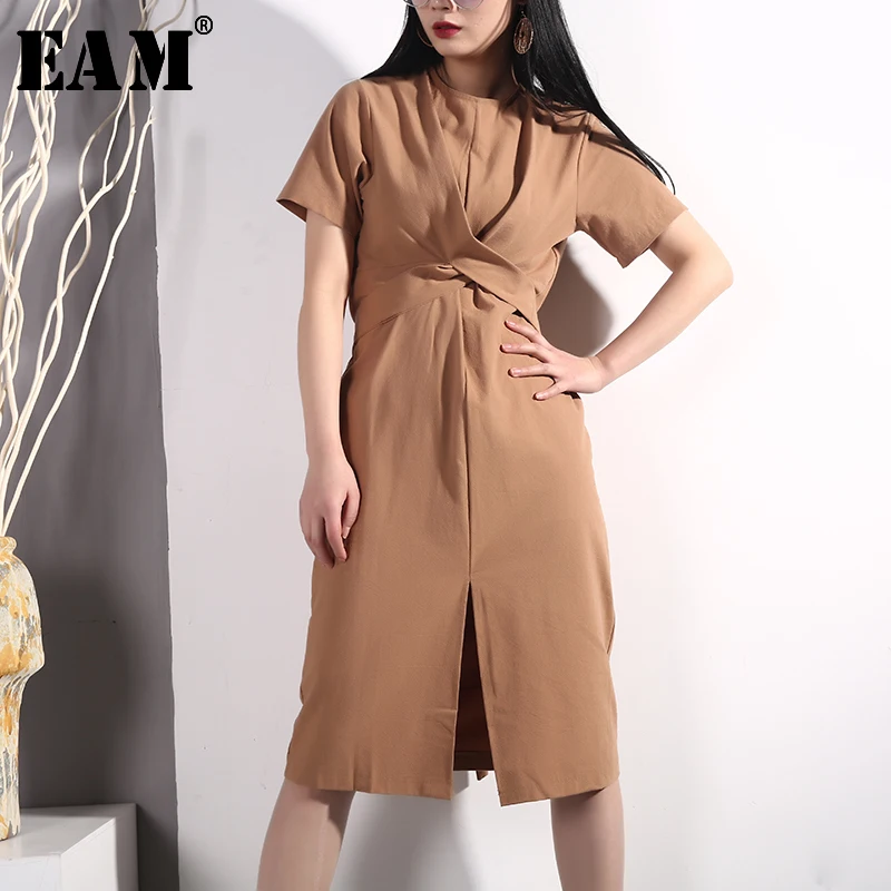 

[EAM] 2019 New Spring Summer Round Neck Short Sleeve White Loose Waist Knot Bandage Hem Vent Dress Women Fashion Tide E410