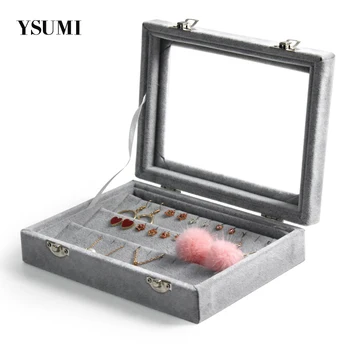 

Gray Velvet Jewelry Display Box with Glass Cover earring Jewelry Display Stand Holder Storage Box Organizer