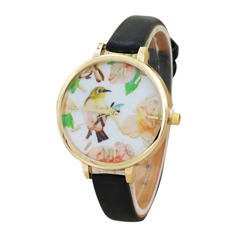 

Relogio Feminino Fashion Bird Flowers Women Leather Band Analog Quartz Movement Wrist Watch clock drop shipping