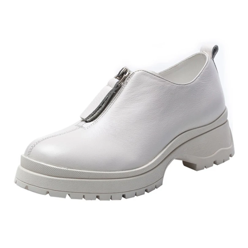 

2019 Women 100% Cow Genuine Full Grain Natural Leather Pumps Med Heels Black White Platfom Women Zipper Leisure Shoes For Woman