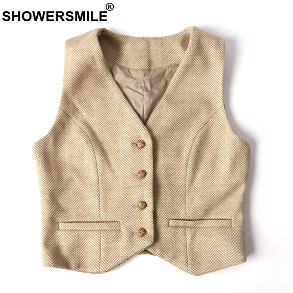 SHOWERSMILE Grey Suit Vest Women Cashmere Herringbone Sleeveless Jackets Female Tweed Plus Size England Ladies Spring Waistcoat
