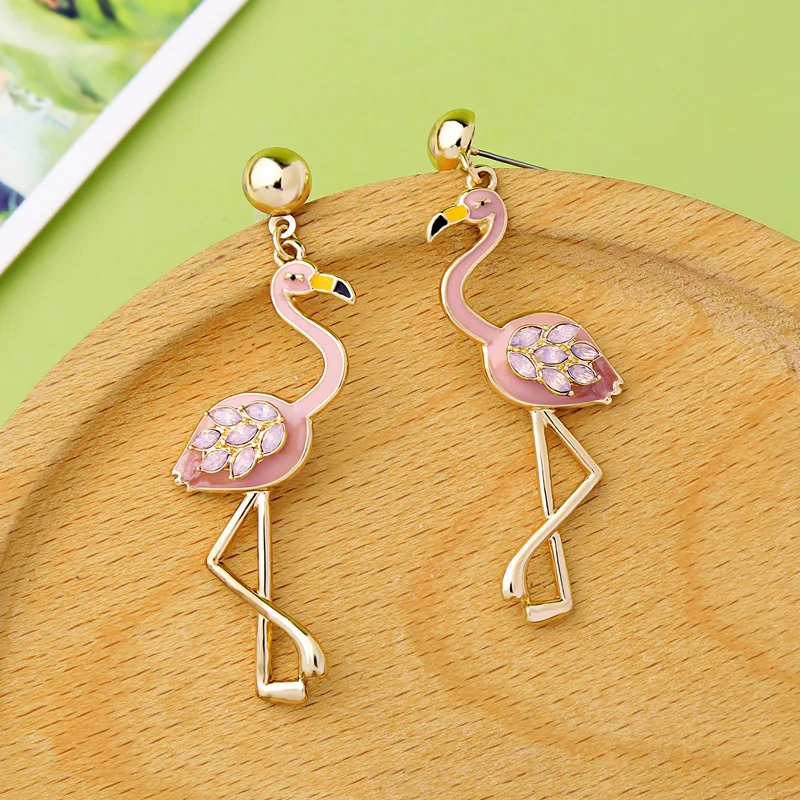 

Romantic Crystal Pink Enamel Flamingo Drop Earring For Lovely Girl Fashion Sweet Jewelry Accessories In Box